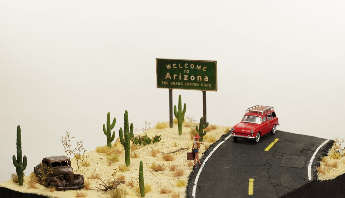 Diorama 1/64 scale "Arizona Desert Road" with cactus for Hotwheels car