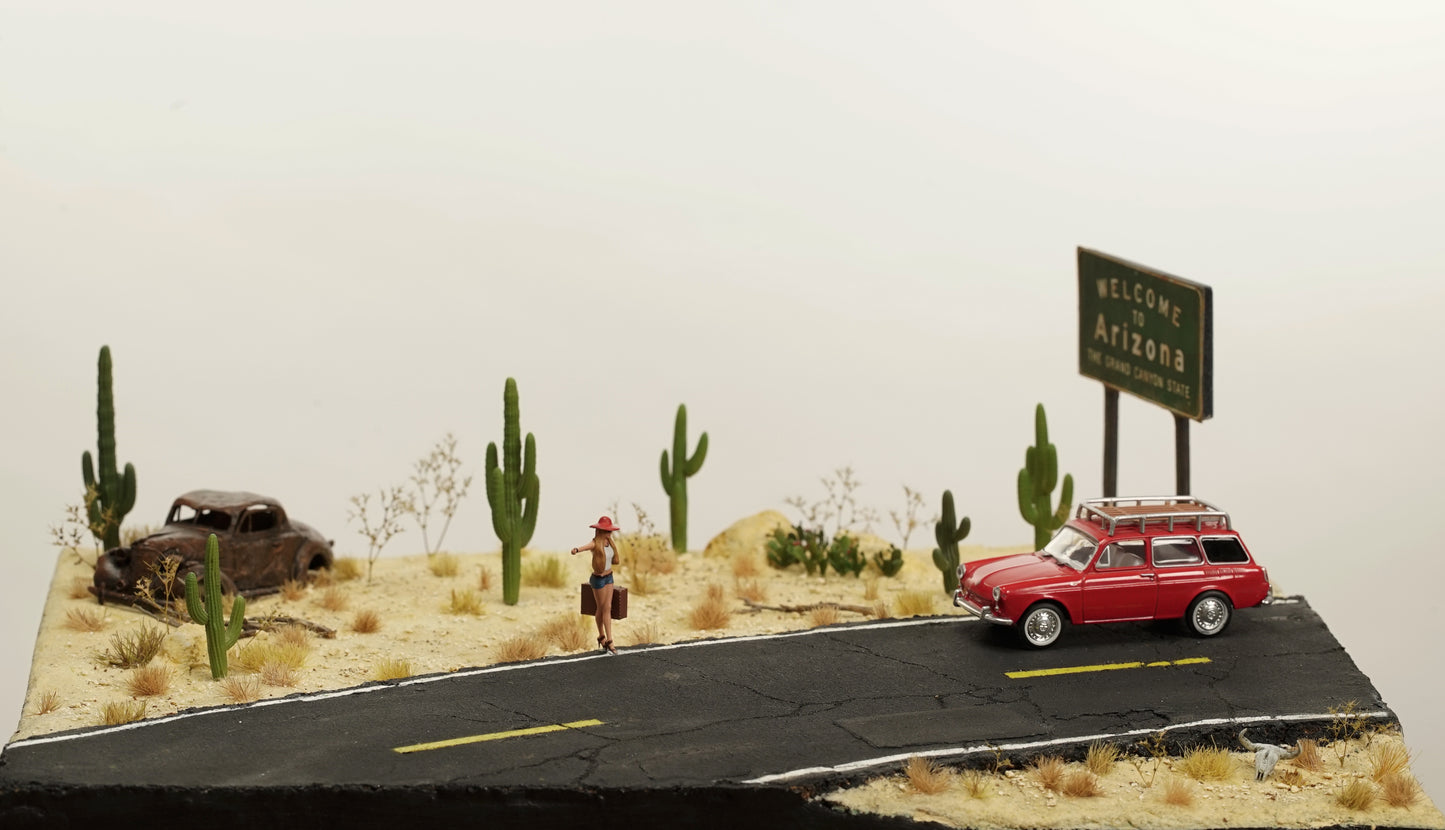 Diorama 1/64 scale "Arizona Desert Road" with cactus for Hotwheels car