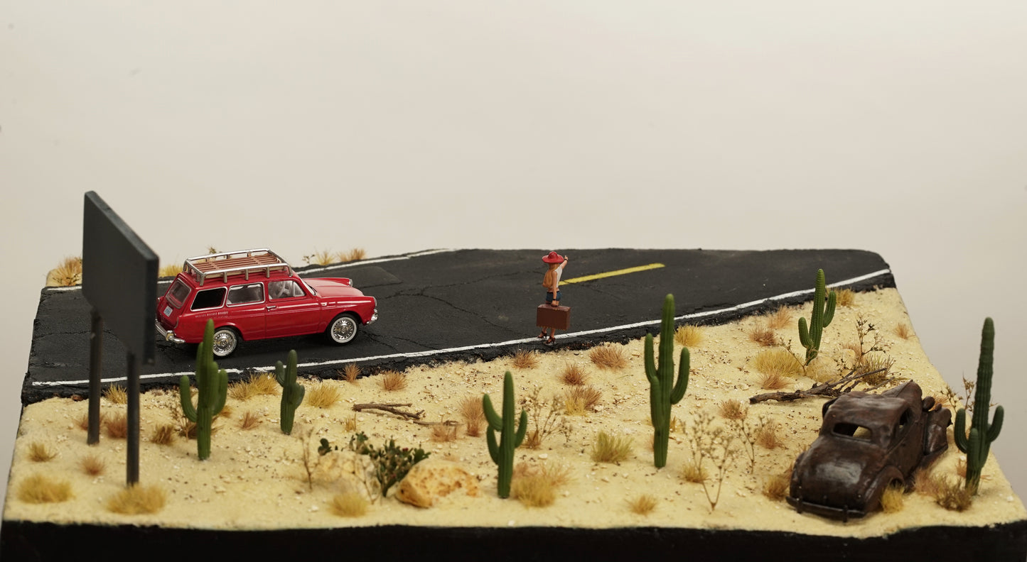 Diorama 1/64 scale "Arizona Desert Road" with cactus for Hotwheels car