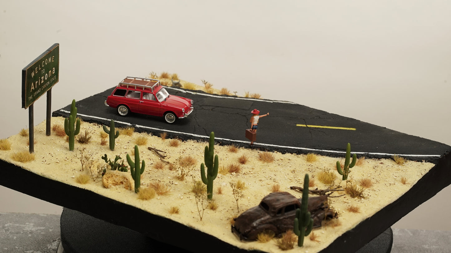 Diorama 1/64 scale "Arizona Desert Road" with cactus for Hotwheels car