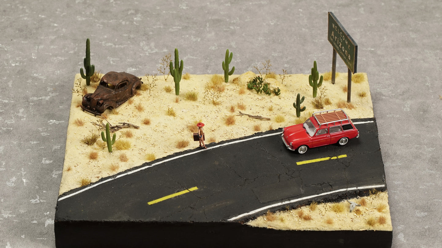 Diorama 1/64 scale "Arizona Desert Road" with cactus for Hotwheels car